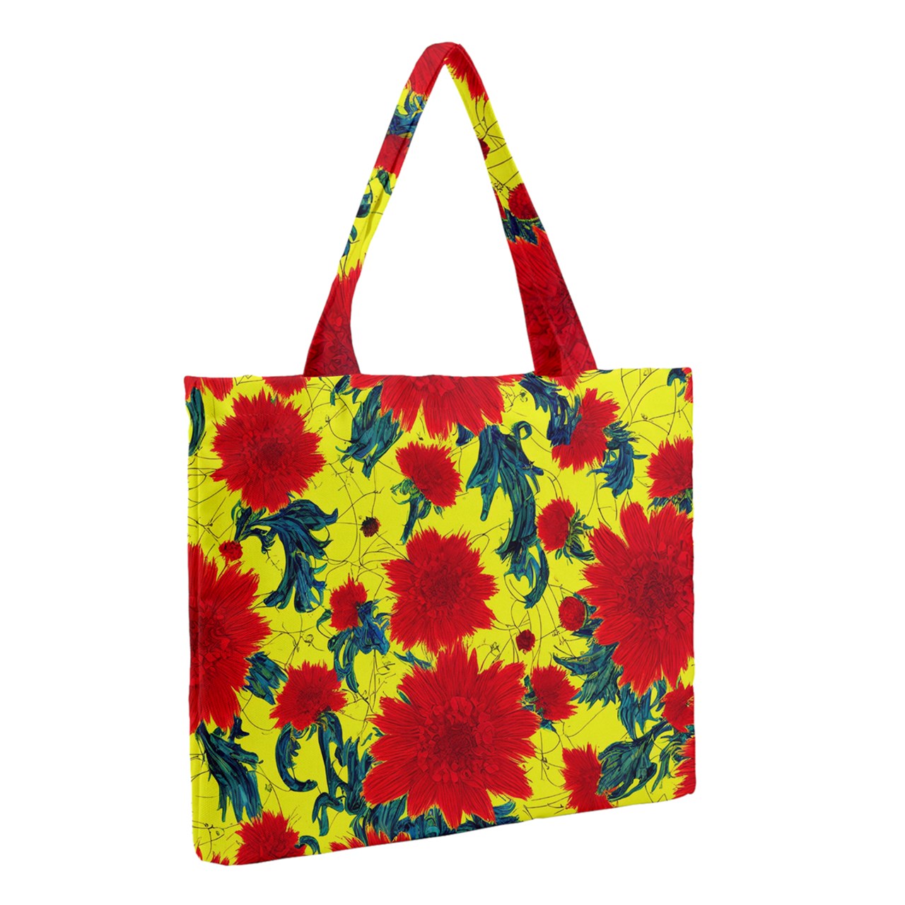 Red Flowers on Yellow Zipper Medium Tote Bag