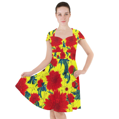 Red Flowers on Yellow Cap Sleeve Midi Dress