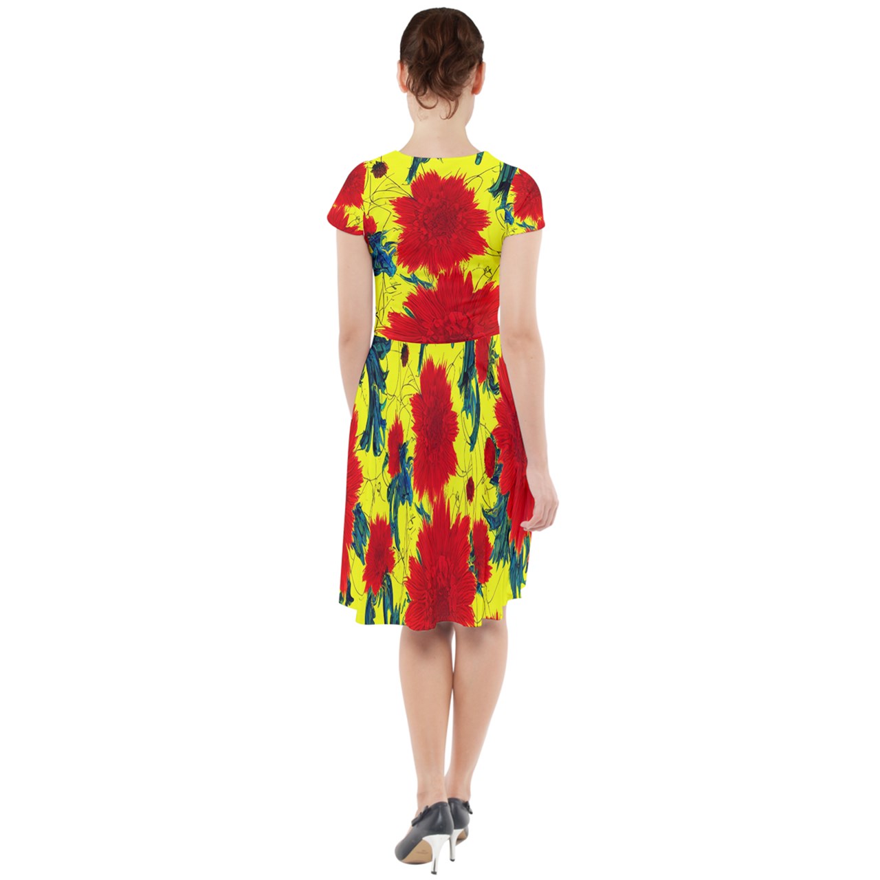 Red Flowers on Yellow Cap Sleeve Midi Dress