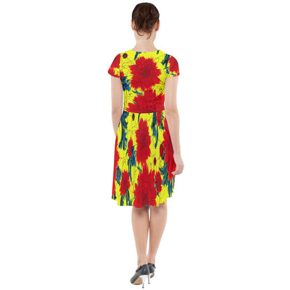 Red Flowers on Yellow Cap Sleeve Midi Dress