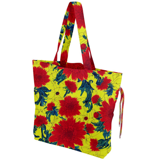 Red Flowers on Yellow Drawstring Tote Bag