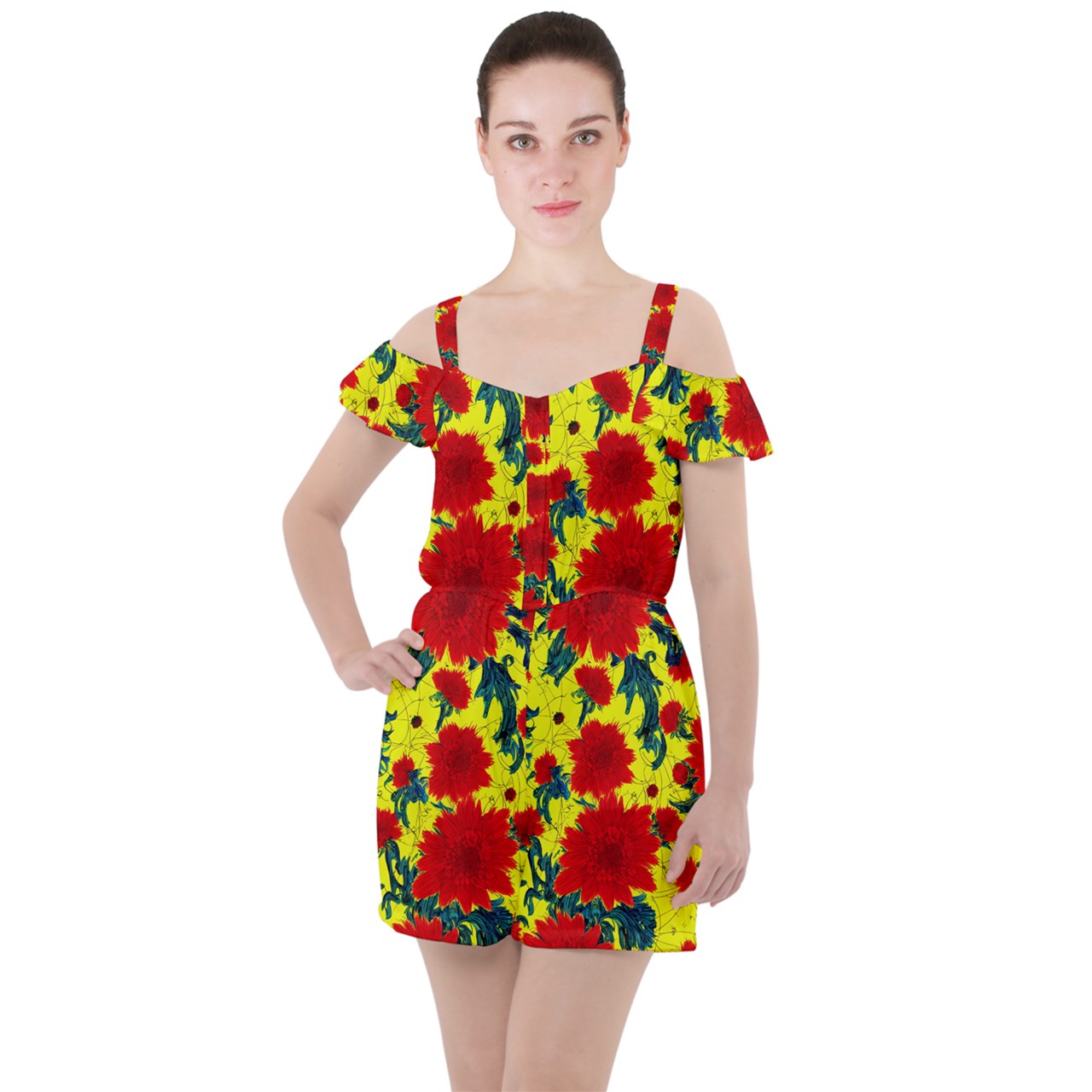 Red Flowers on Yellow Ruffle Cut Out Chiffon Playsuit