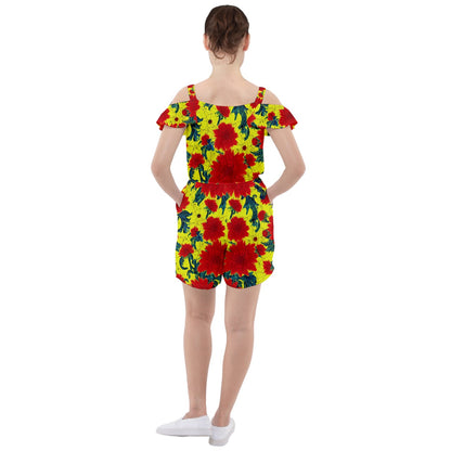 Red Flowers on Yellow Ruffle Cut Out Chiffon Playsuit