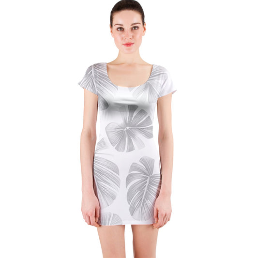 White Monstera Short Sleeve Bodycon Dress