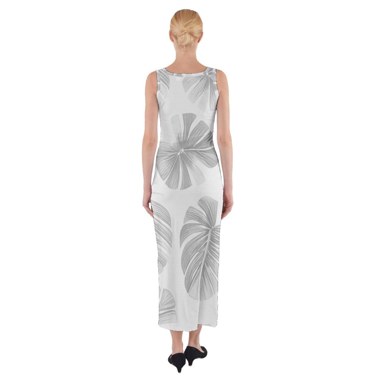 White Monstera Fitted Maxi Dress - Sizes up to 5XL