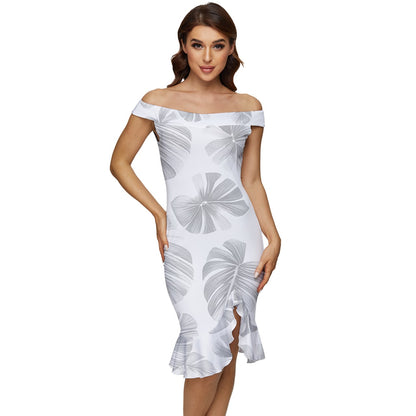 White Monstera Off Shoulder Ruffle Split Hem Bodycon Dress