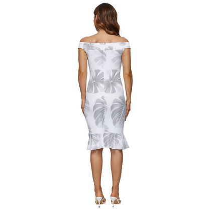 White Monstera Off Shoulder Ruffle Split Hem Bodycon Dress