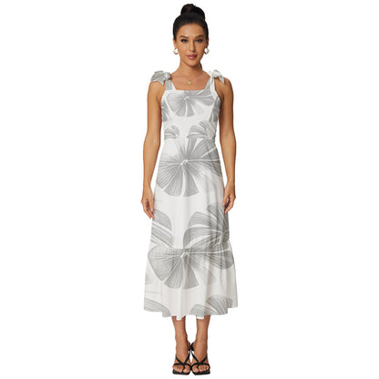 White Monstera Tie-Strap Tiered Midi Chiffon Dress