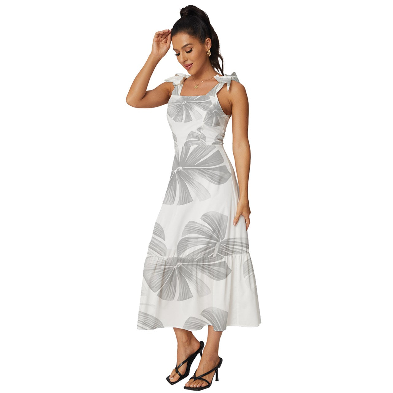 White Monstera Tie-Strap Tiered Midi Chiffon Dress