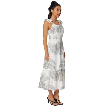 White Monstera Tie-Strap Tiered Midi Chiffon Dress