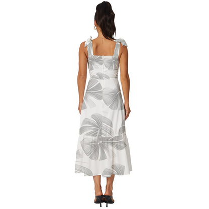 White Monstera Tie-Strap Tiered Midi Chiffon Dress