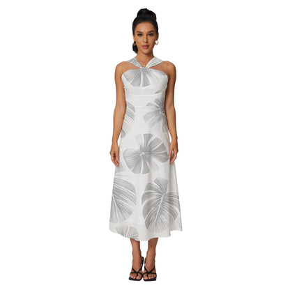 White Monstera Sleeveless Cross Front Cocktail Midi Chiffon Dress