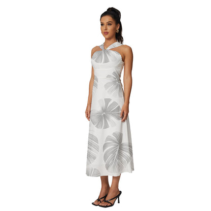 White Monstera Sleeveless Cross Front Cocktail Midi Chiffon Dress