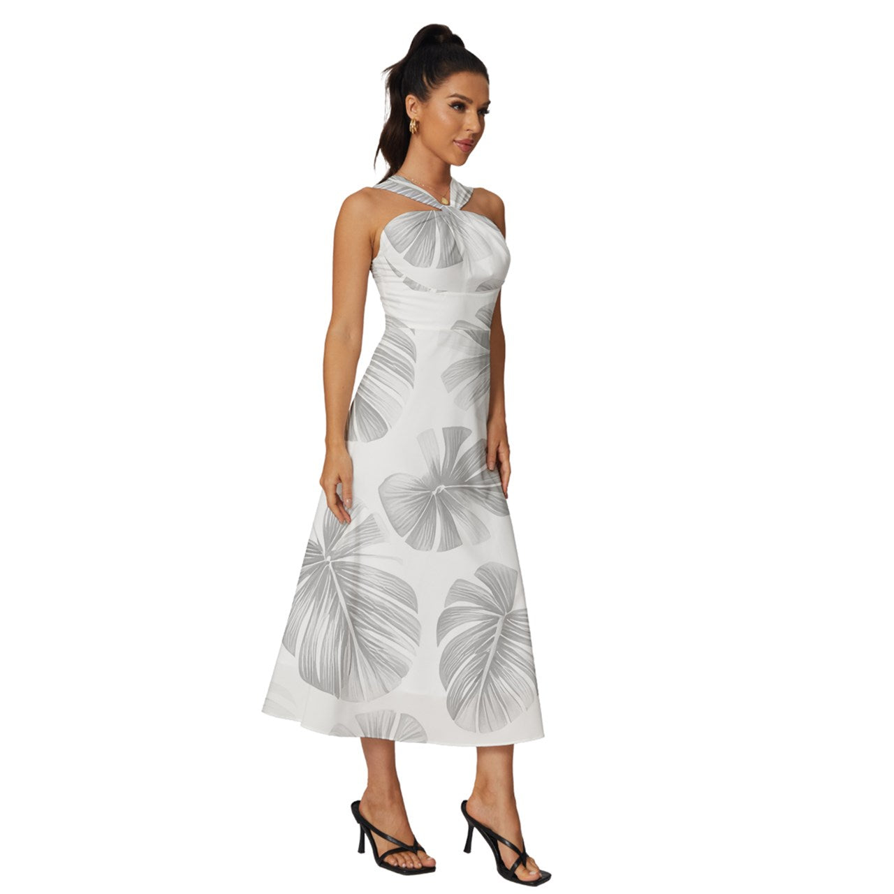 White Monstera Sleeveless Cross Front Cocktail Midi Chiffon Dress