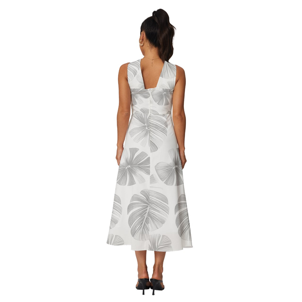 White Monstera Sleeveless Cross Front Cocktail Midi Chiffon Dress