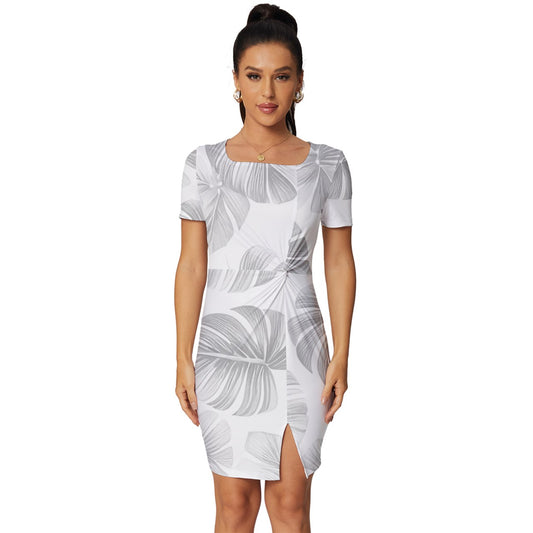 White Monstera Fitted Knot Split End Bodycon Dress