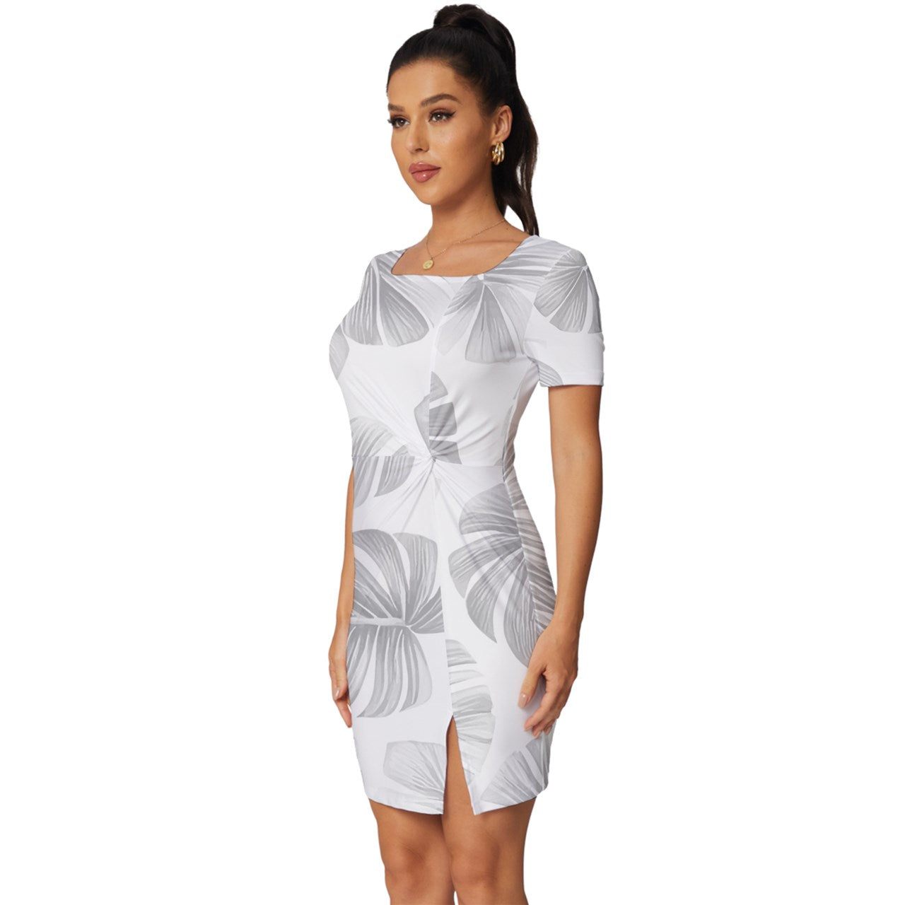 White Monstera Fitted Knot Split End Bodycon Dress