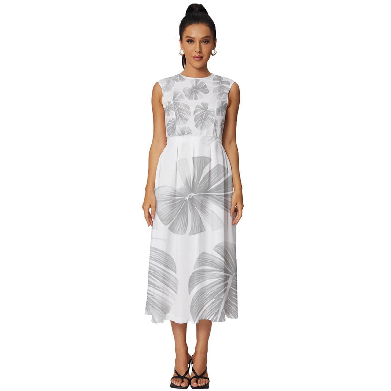 White Monstera Sleeveless Round Neck Midi Dress