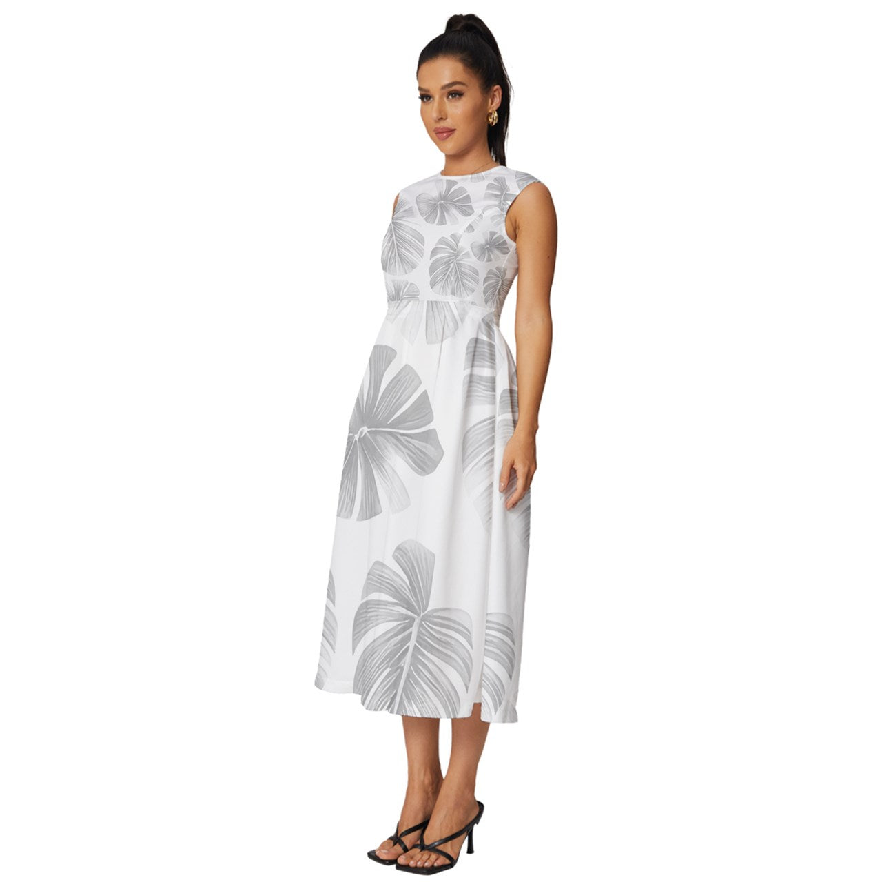 White Monstera Sleeveless Round Neck Midi Dress