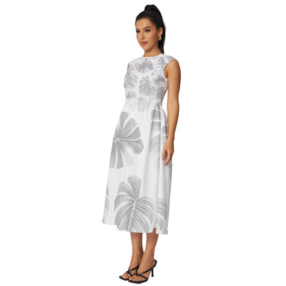 White Monstera Sleeveless Round Neck Midi Dress