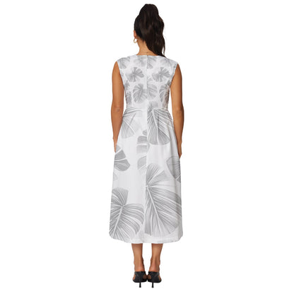 White Monstera Sleeveless Round Neck Midi Dress