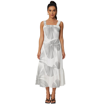 White Monstera Square Neckline Tiered Midi Dress