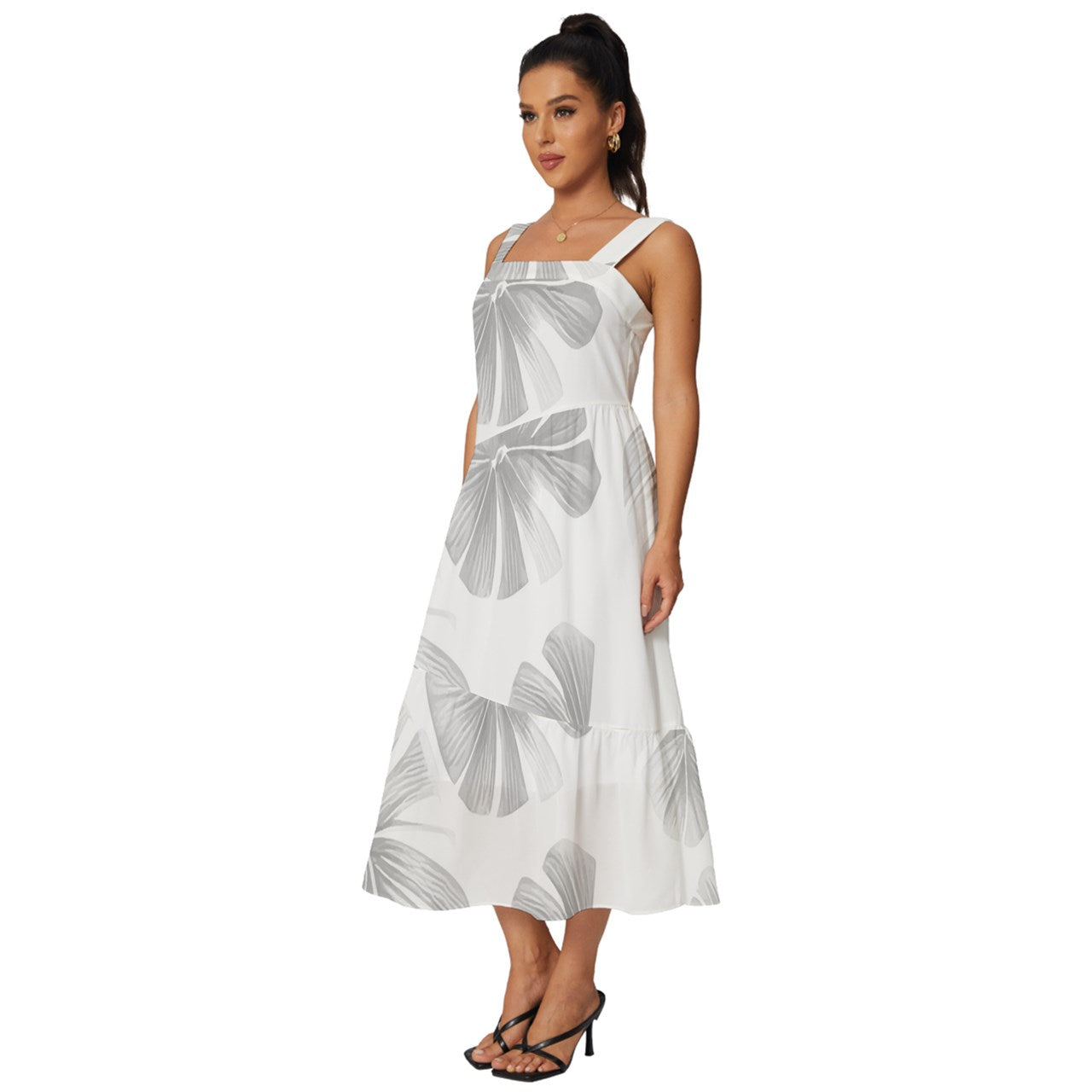 White Monstera Square Neckline Tiered Midi Dress