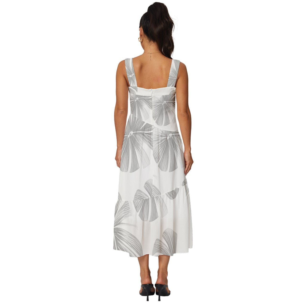 White Monstera Square Neckline Tiered Midi Dress