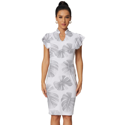 White Monstera Vintage Frill Sleeve V-Neck Bodycon Dress