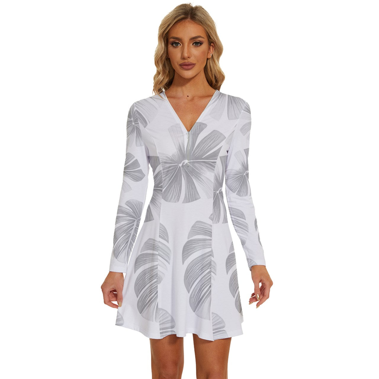 White Monstera Long Sleeve Deep V Mini Dress