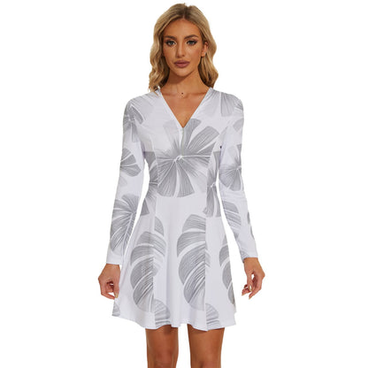 White Monstera Long Sleeve Deep V Mini Dress