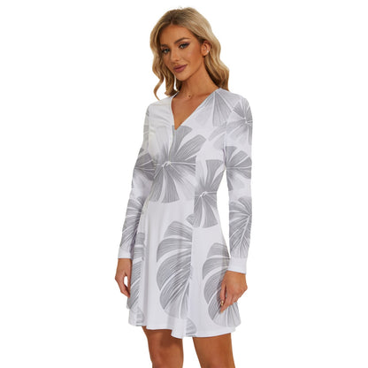 White Monstera Long Sleeve Deep V Mini Dress