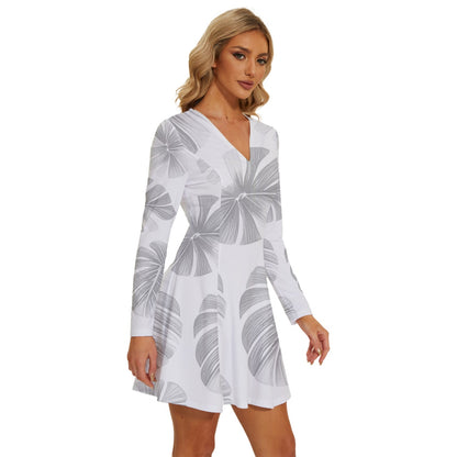 White Monstera Long Sleeve Deep V Mini Dress