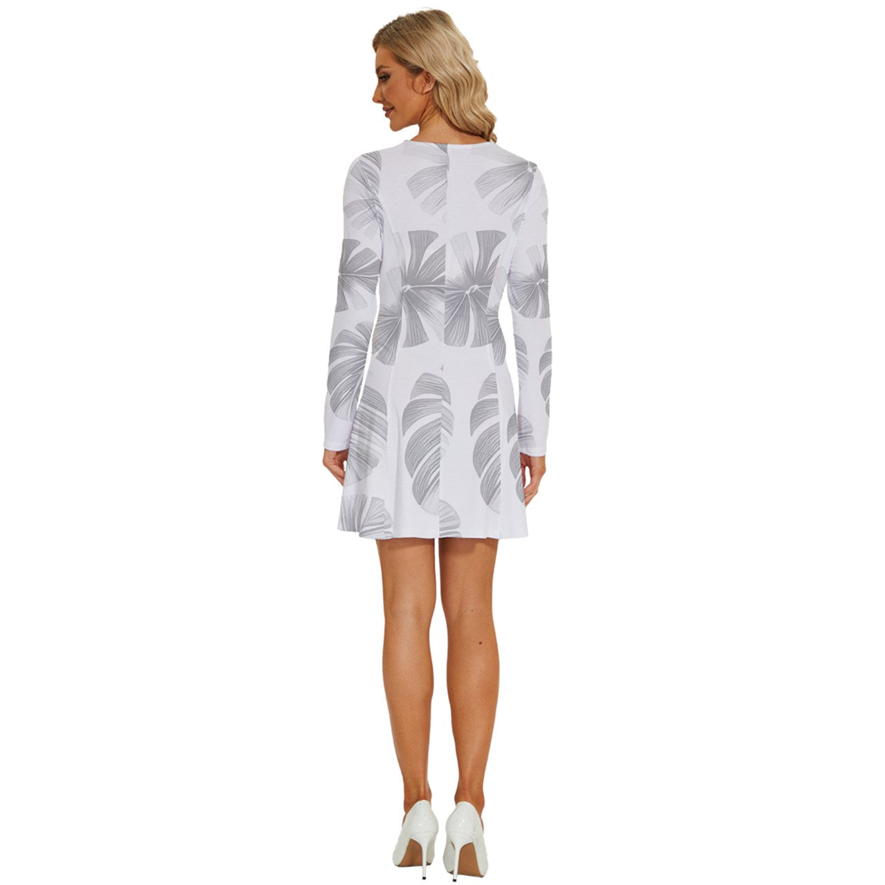 White Monstera Long Sleeve Deep V Mini Dress