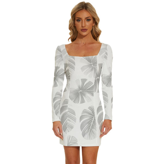 White Monstera Long Sleeve Square Neck Bodycon Velour Dress