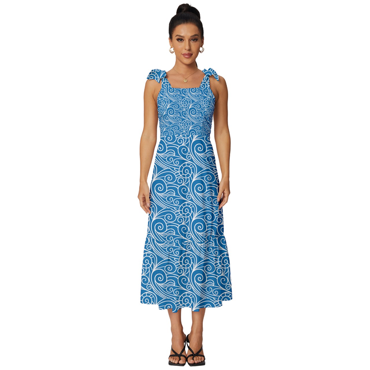 Blue Wind Tie-Strap Tiered Midi Chiffon Dress