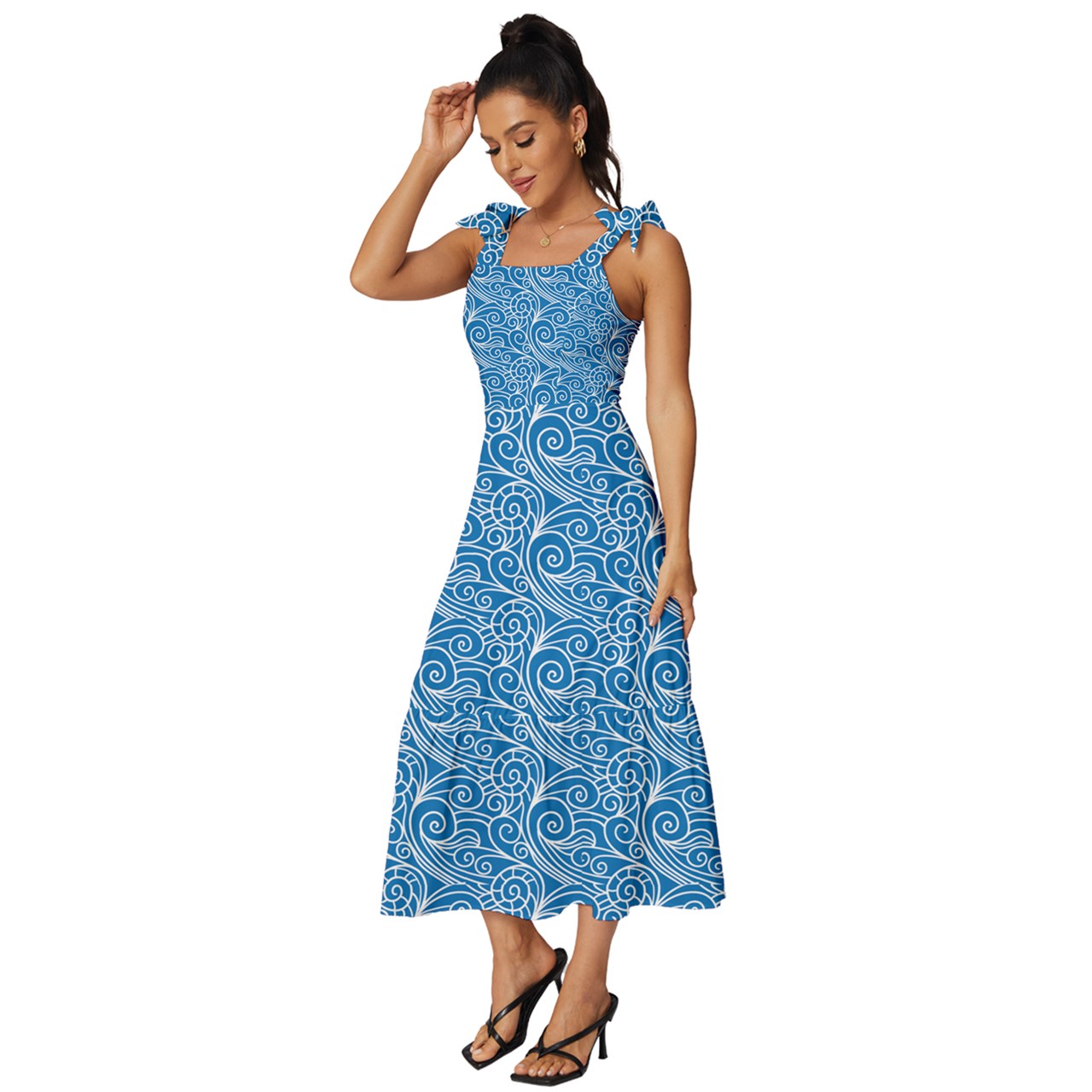 Blue Wind Tie-Strap Tiered Midi Chiffon Dress