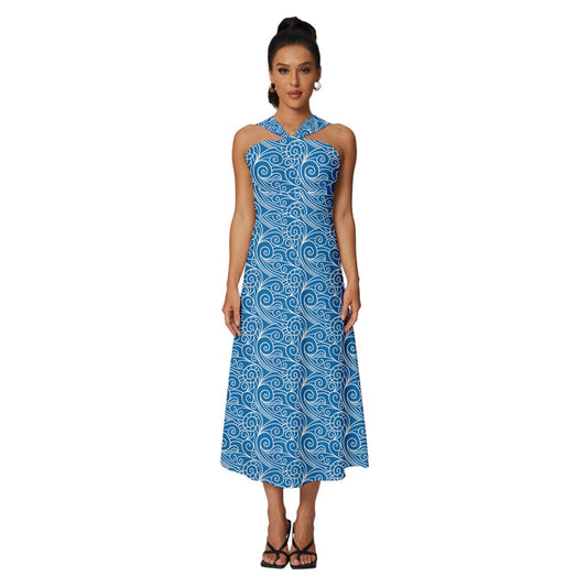 Blue Wind Sleeveless Cross Front Cocktail Midi Chiffon Dress