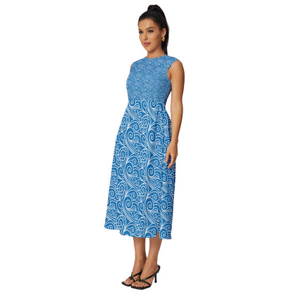 Blue Wind Sleeveless Round Neck Midi Dress