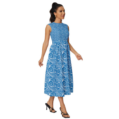 Blue Wind Sleeveless Round Neck Midi Dress