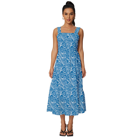 Blue Wind Square Neckline Tiered Midi Dress