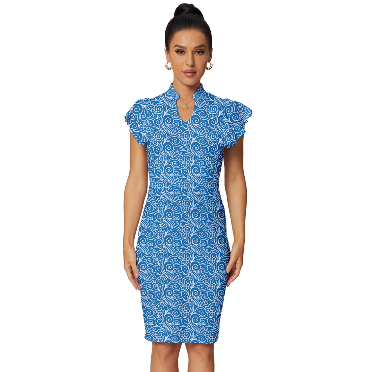 Blue Wind Vintage Frill Sleeve V-Neck Bodycon Dress