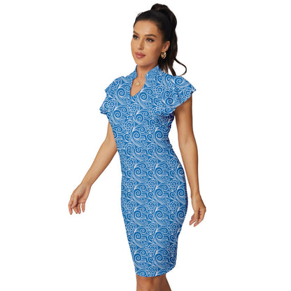 Blue Wind Vintage Frill Sleeve V-Neck Bodycon Dress