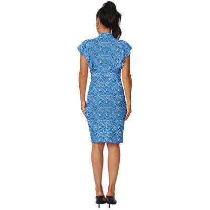 Blue Wind Vintage Frill Sleeve V-Neck Bodycon Dress