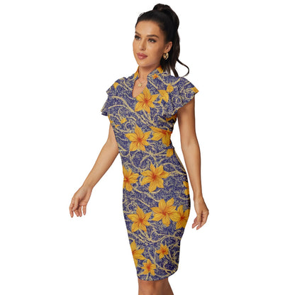 Jasmine Vintage Frill Sleeve V-Neck Bodycon Dress up to 5XL