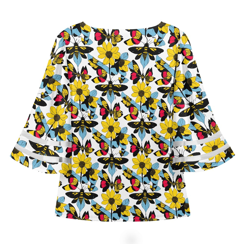 Bees and Butterflies Women Puff Sleeve Blouse