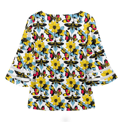 Bees and Butterflies Women Puff Sleeve Blouse