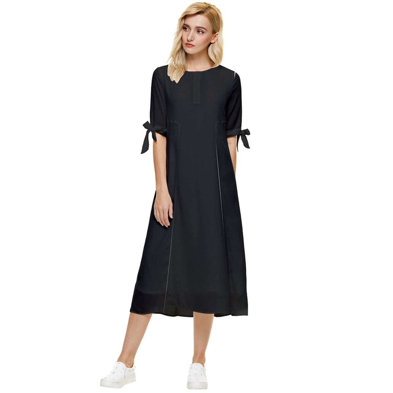 Bow Sleeve Chiffon Midi Dress - Black - Luxtrini, LLC