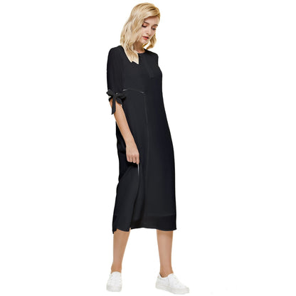 Bow Sleeve Chiffon Midi Dress - Black - Luxtrini, LLC