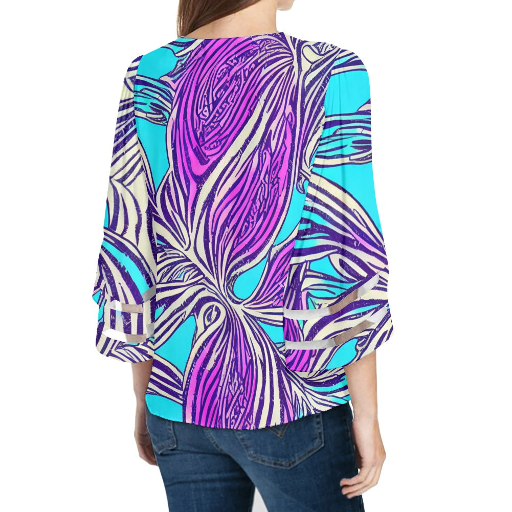 Purple and Blue Women Puff Sleeve Blouse